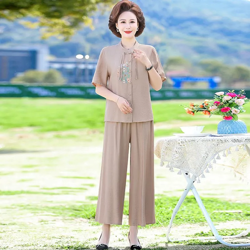 Linen Pant Wide - Women's Chinese Style Embroidery Linen Top