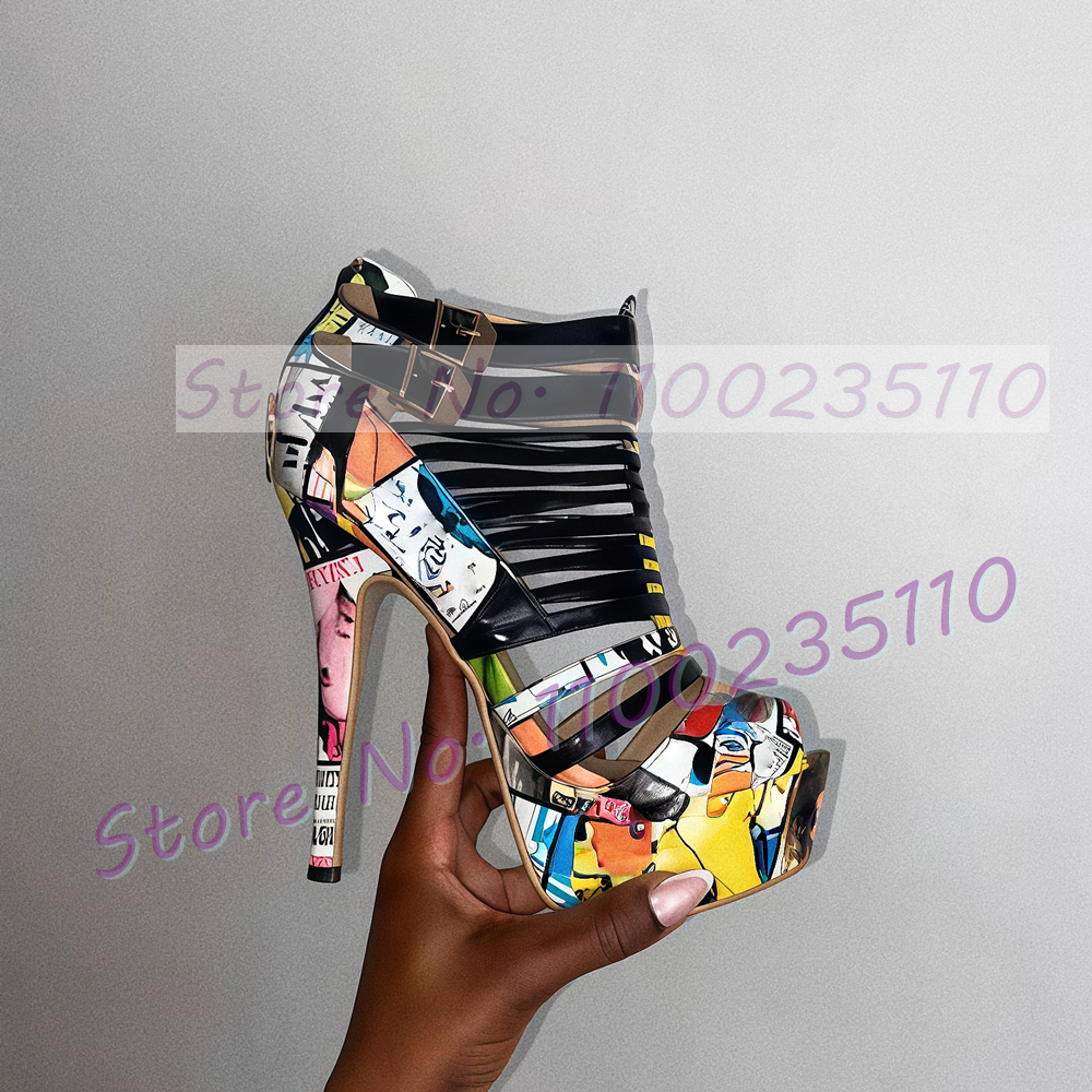 Colorful Graffiti Black Strapp - Sandal Strappy Heeled 评论和价格
