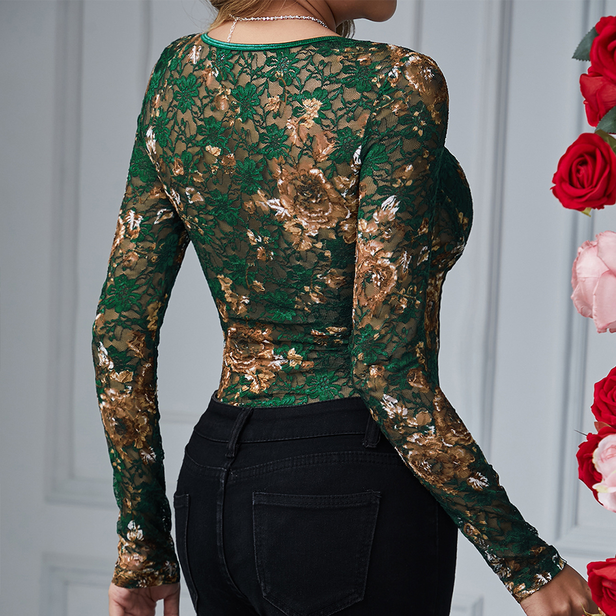 Sexy Lace Bodysuit Women Squar - Romper Floral Print 评论和价格