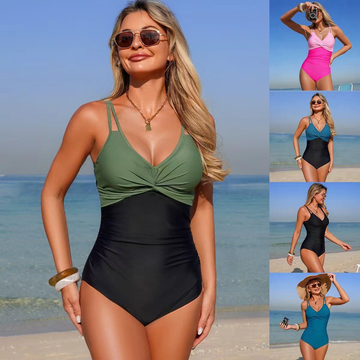 V Neck Twist Front One Piece S - Swimsuit Bikini Ruched 评论和价格