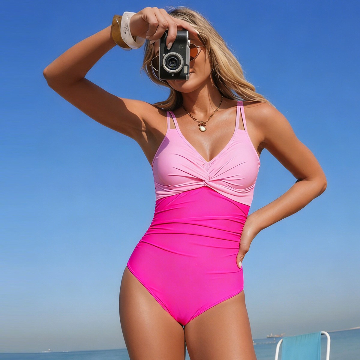 V Neck Twist Front One Piece S - Swimsuit Bikini Ruched 评论和价格