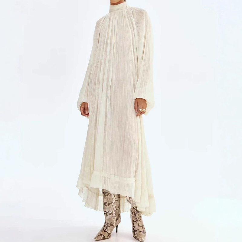 Ladies O-neck Long Sleeved Ple - Linen Dress Wrap 评论和价格