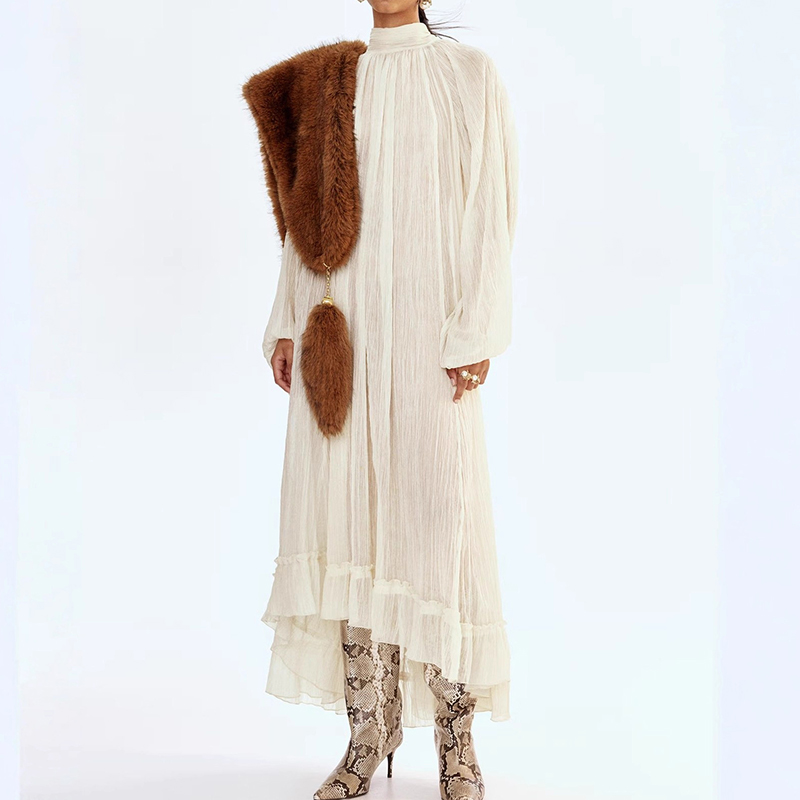 Ladies O-neck Long Sleeved Ple - Linen Dress Wrap 评论和价格