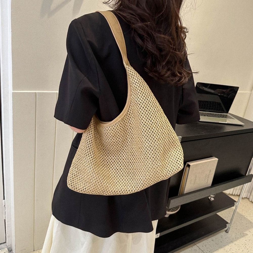 Simple Solid Color Weave Straw - Tote Bag Beach 评论和价格