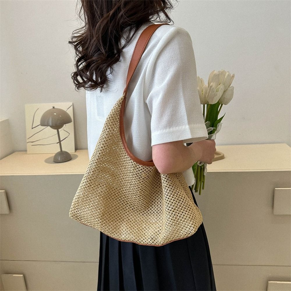 Simple Solid Color Weave Straw - Tote Bag Beach 评论和价格