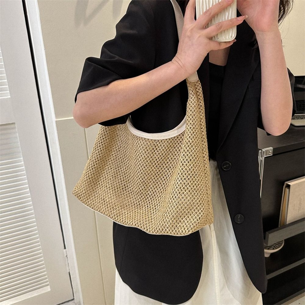 Simple Solid Color Weave Straw - Tote Bag Beach 评论和价格
