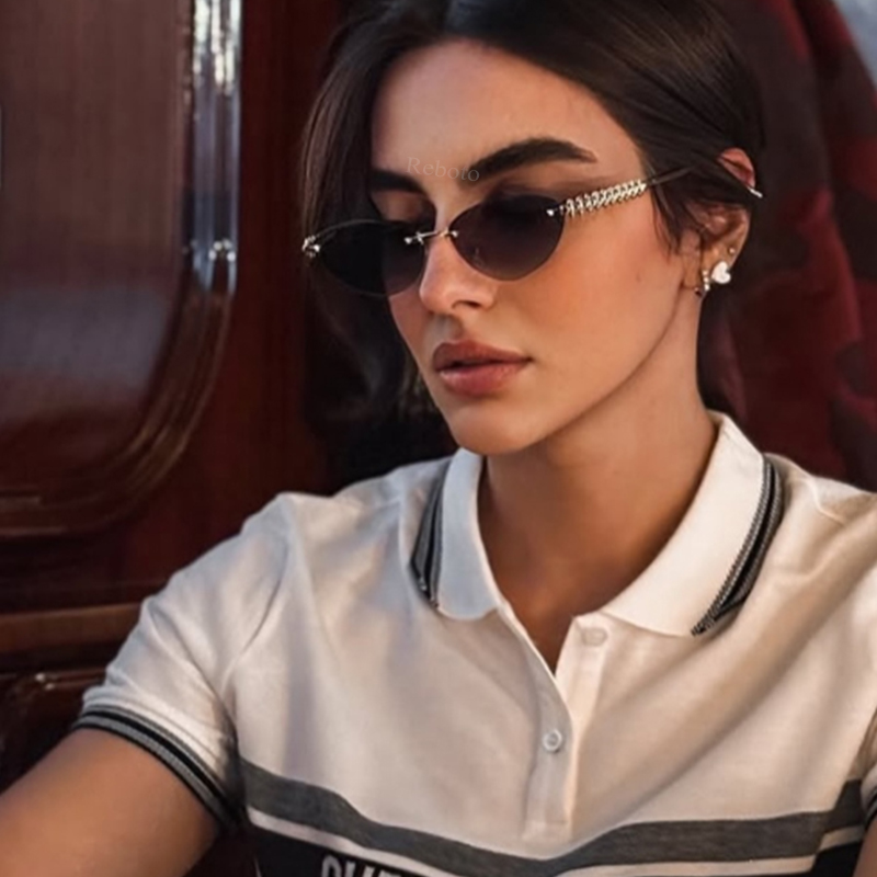New Cat Eye Rivet Rimless Sung - Sunglasses Cat Eye 评论和价格
