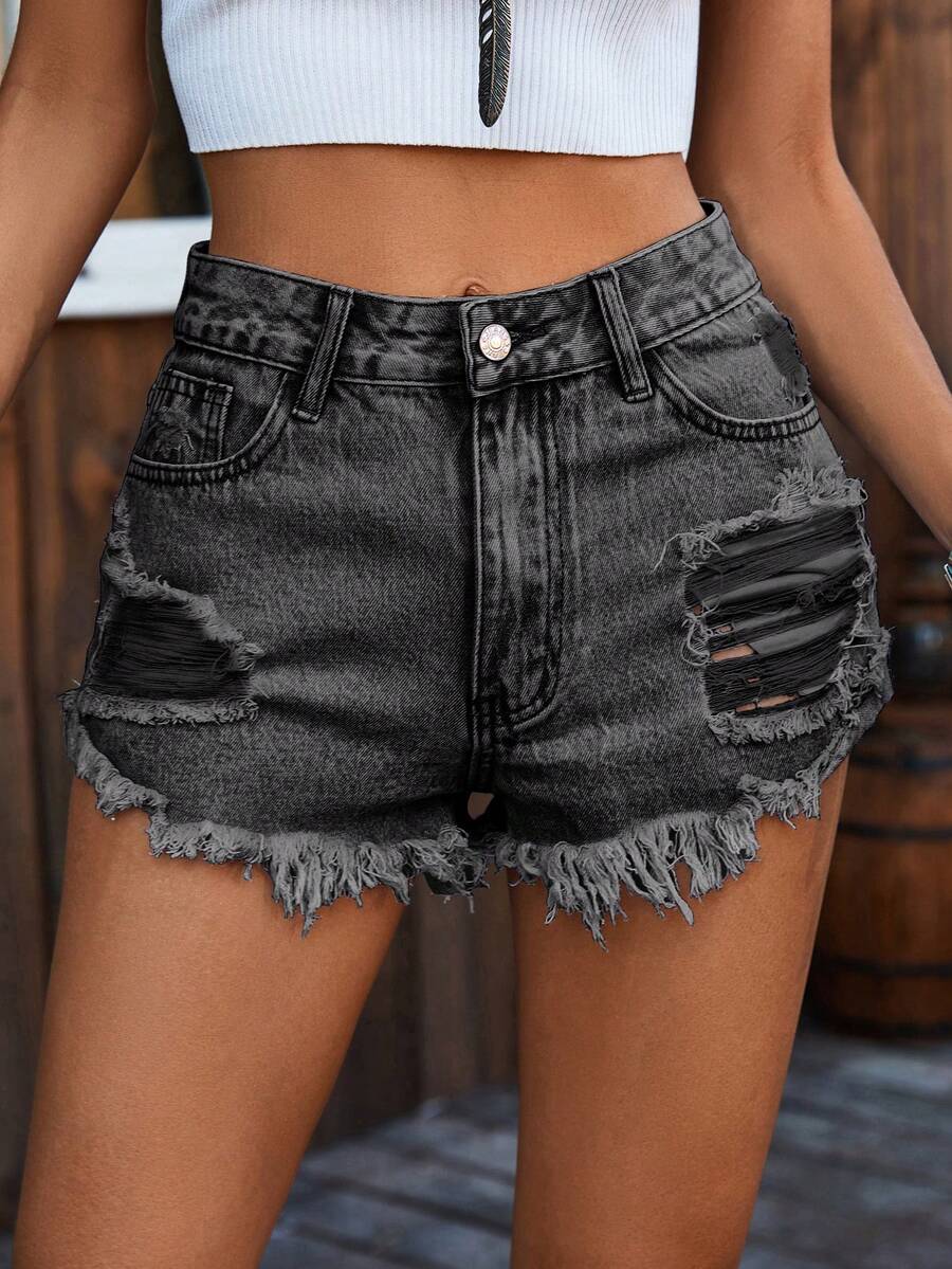Ripped Denim Shorts High Waist - Shorts Denim Frayed 评论和价格