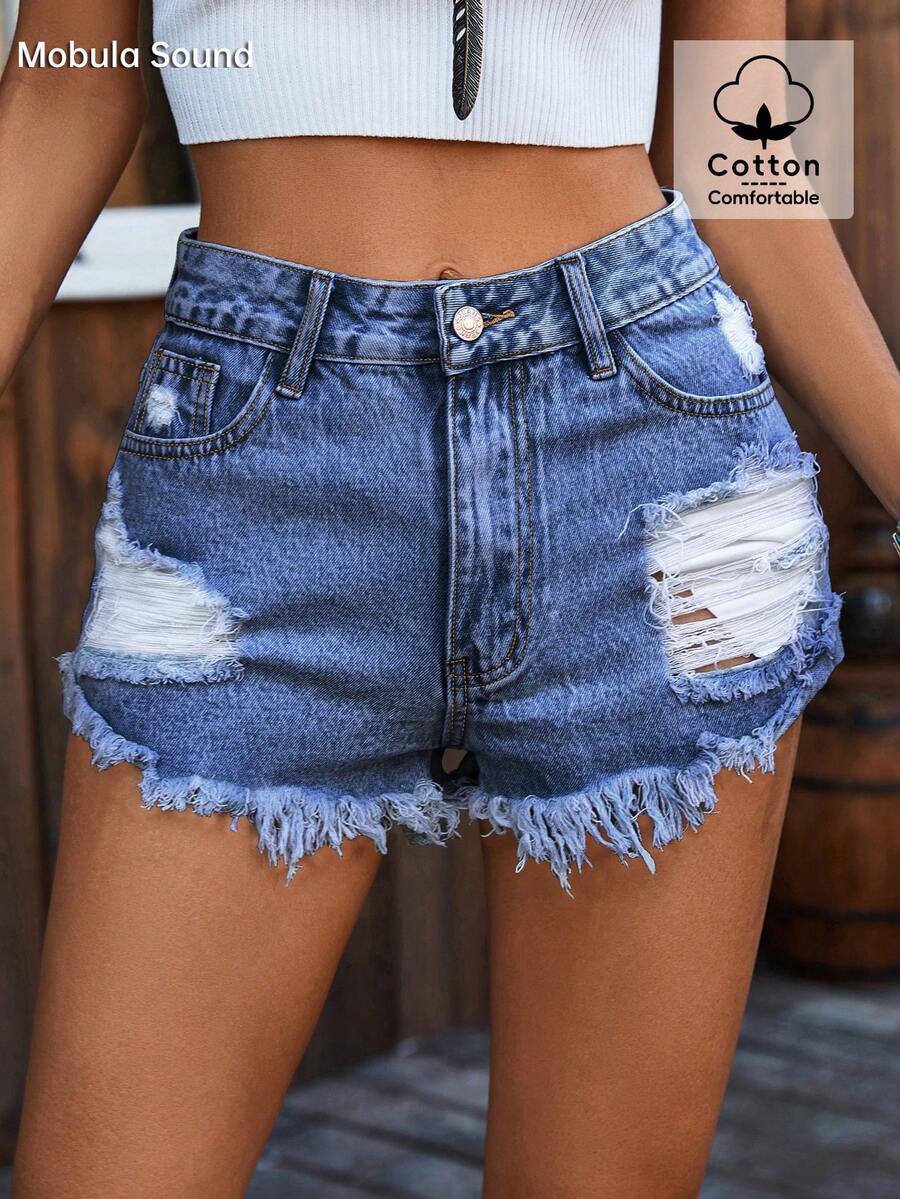 Ripped Denim Shorts High Waist - Shorts Denim Frayed 评论和价格