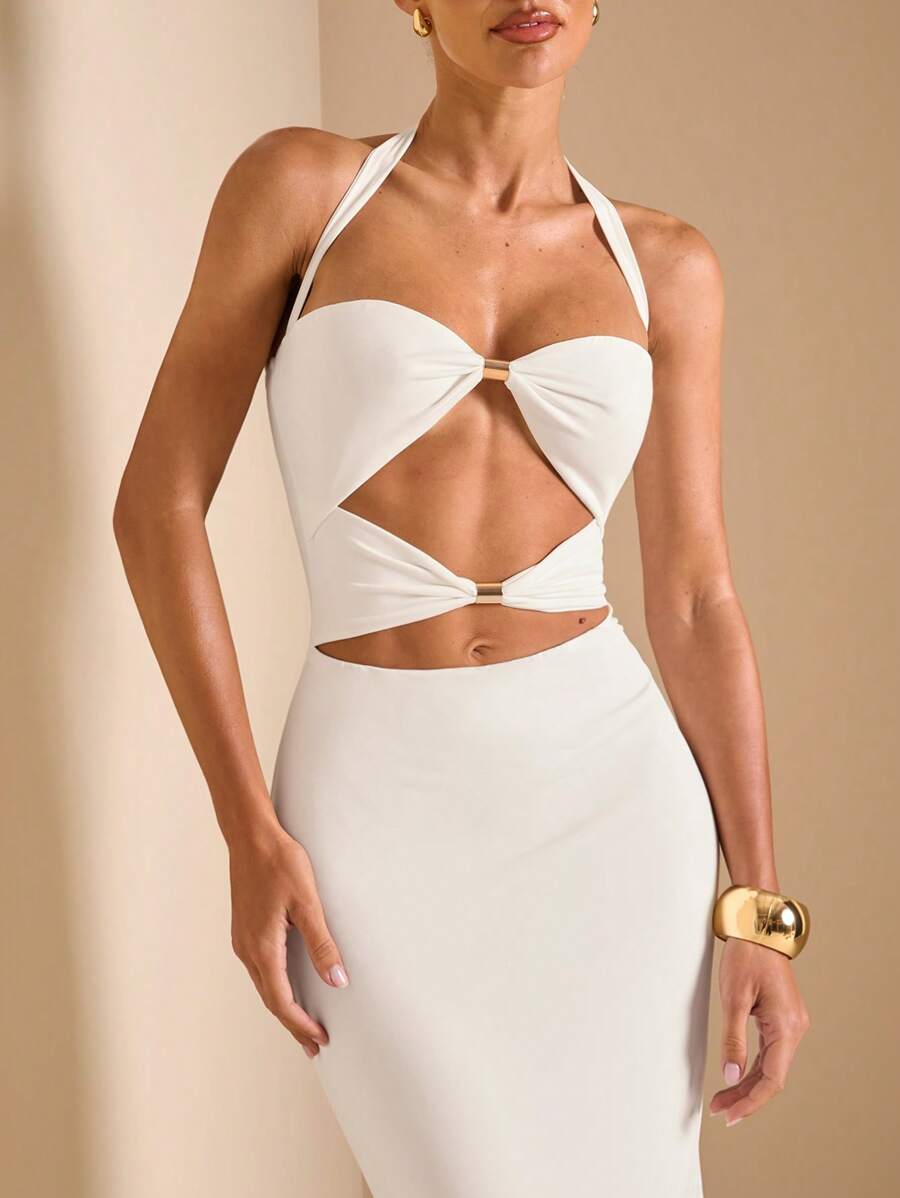 White Cut Out Halter Neck Fitt - Maxi Dress Halter 评论和价格
