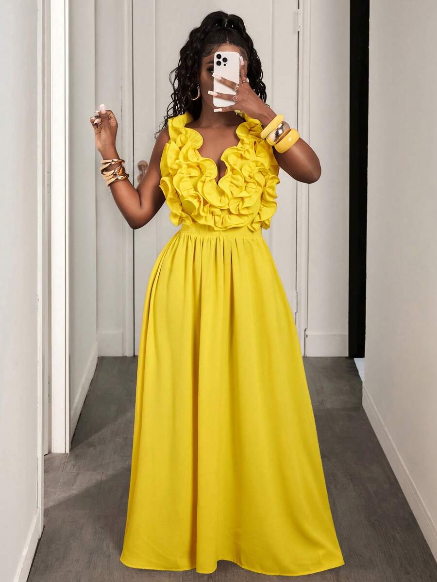 Yellow Deep V-Neck Ruffle Halt - Maxi Dress Halter 评论和价格