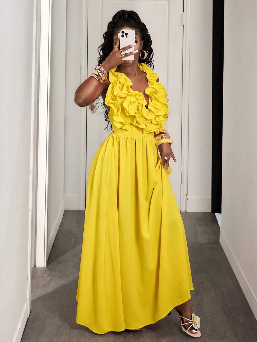 Yellow Deep V-Neck Ruffle Halt - Maxi Dress Halter 评论和价格