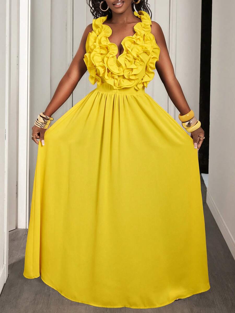 Yellow Deep V-Neck Ruffle Halt - Maxi Dress Halter 评论和价格