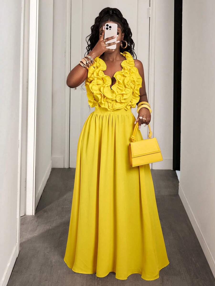 Yellow Deep V-Neck Ruffle Halt - Maxi Dress Halter 评论和价格