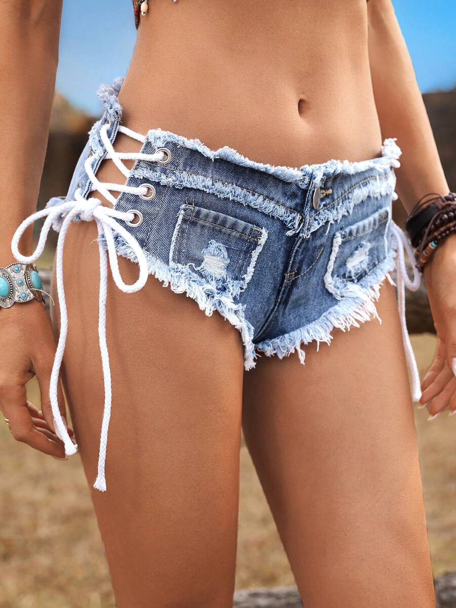 Women Low Waist Frayed Criss-C - Shorts Denim Frayed 评论和价格