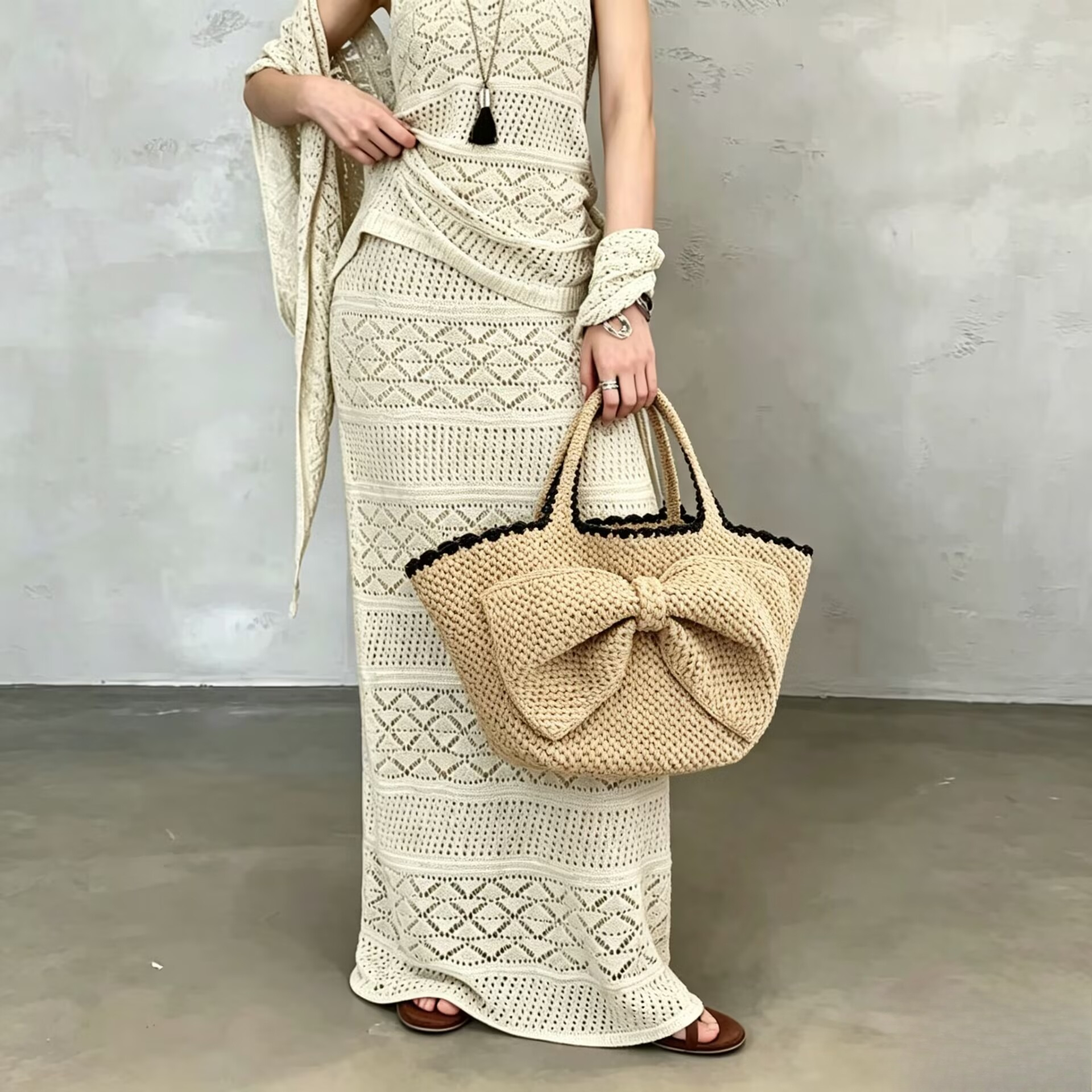 NEW raffia bow crochet handwov - Crochet Bag Raffia 评论和价格