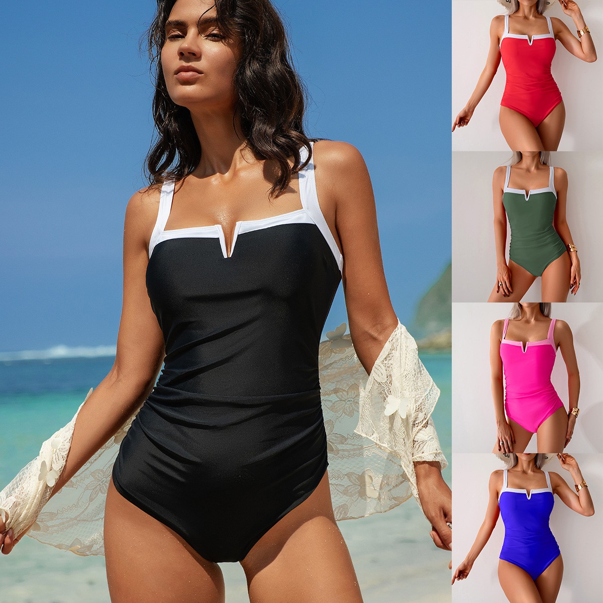 Black Swimsuit V Neck Red Biki - Swimsuit Bikini Ruched 评论和价格