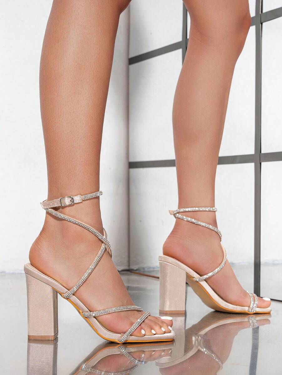 Womens Rhinestone Strappy Squa - Sandal Strappy Heeled 评论和价格