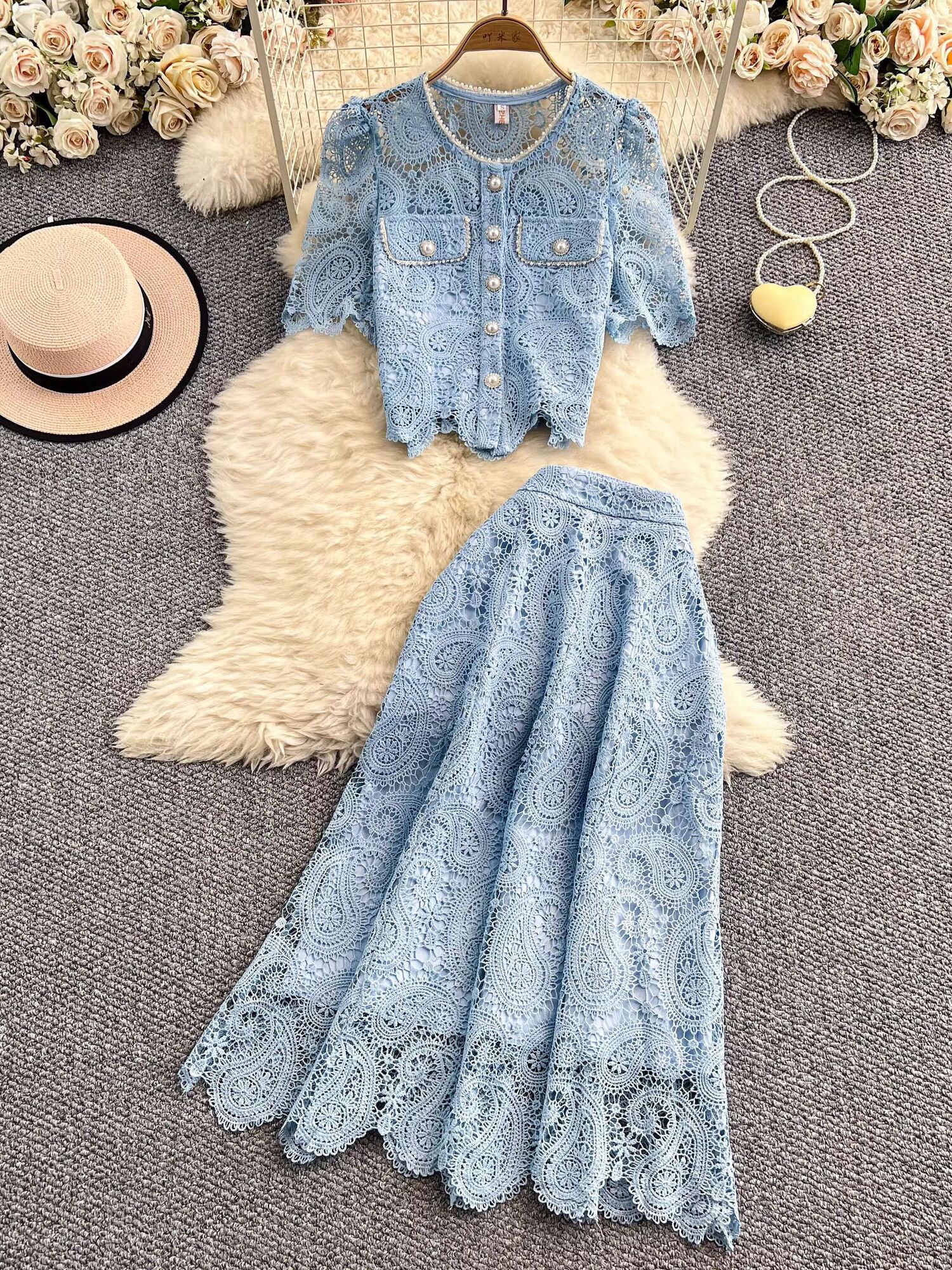 Elegant Pearl Long Dress Suits - Midi Skirt Floral 评论和价格