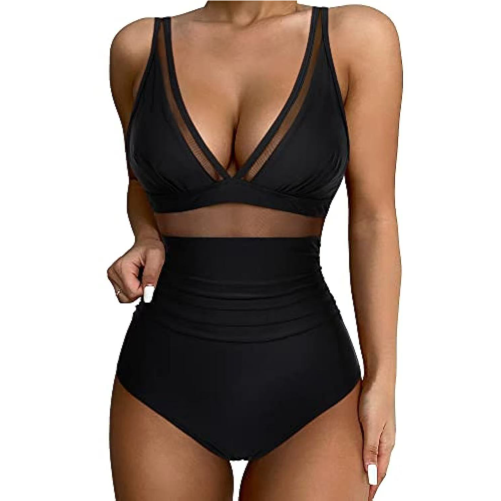 Women Deep V Mesh Cutout One P - Swimsuit Bikini Ruched 评论和价格