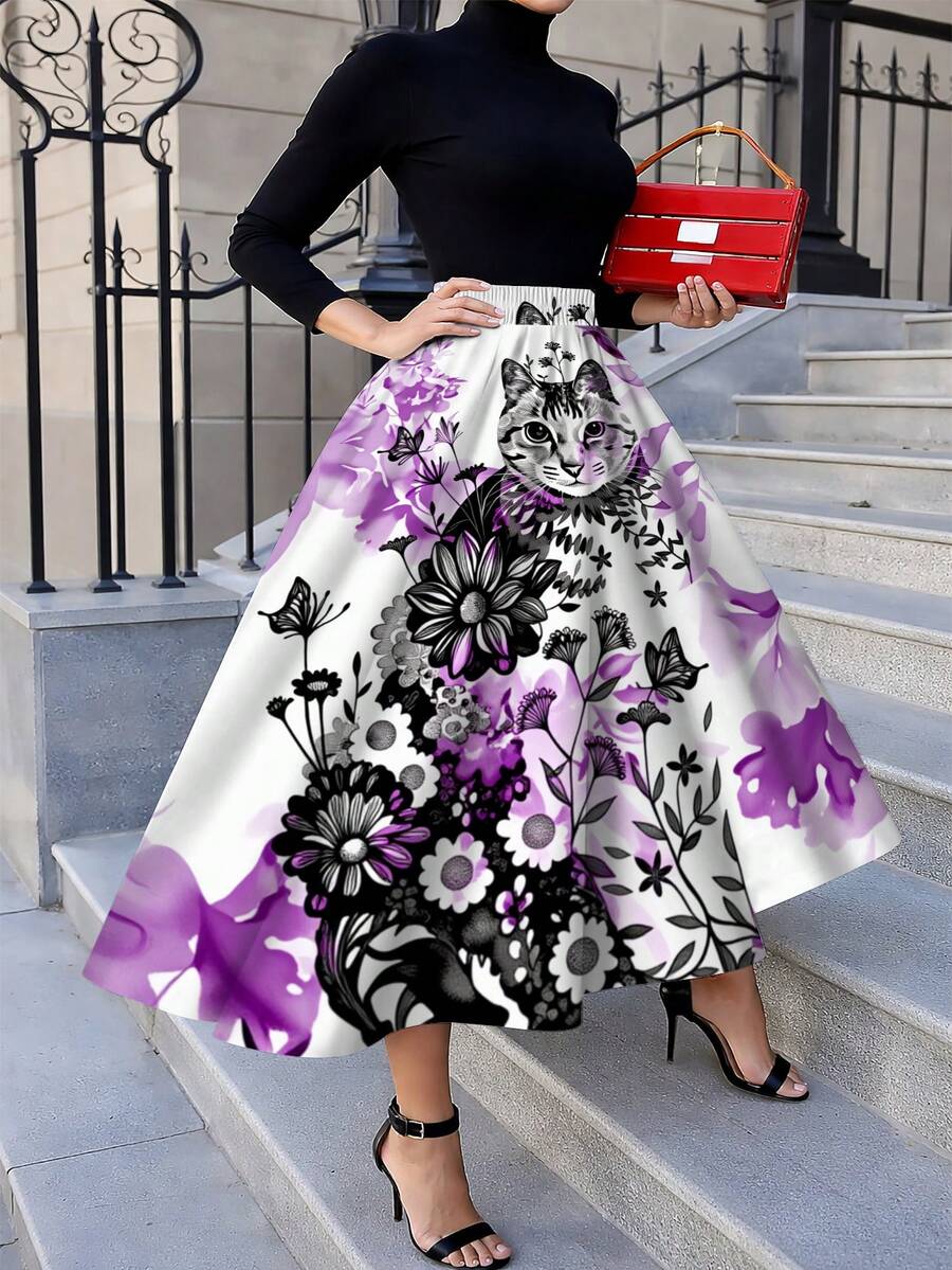 Oversized Floral Cat Print Mid - Midi Skirt Floral 评论和价格