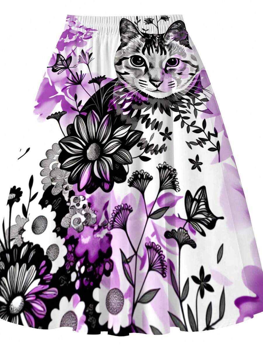 Oversized Floral Cat Print Mid - Midi Skirt Floral 评论和价格