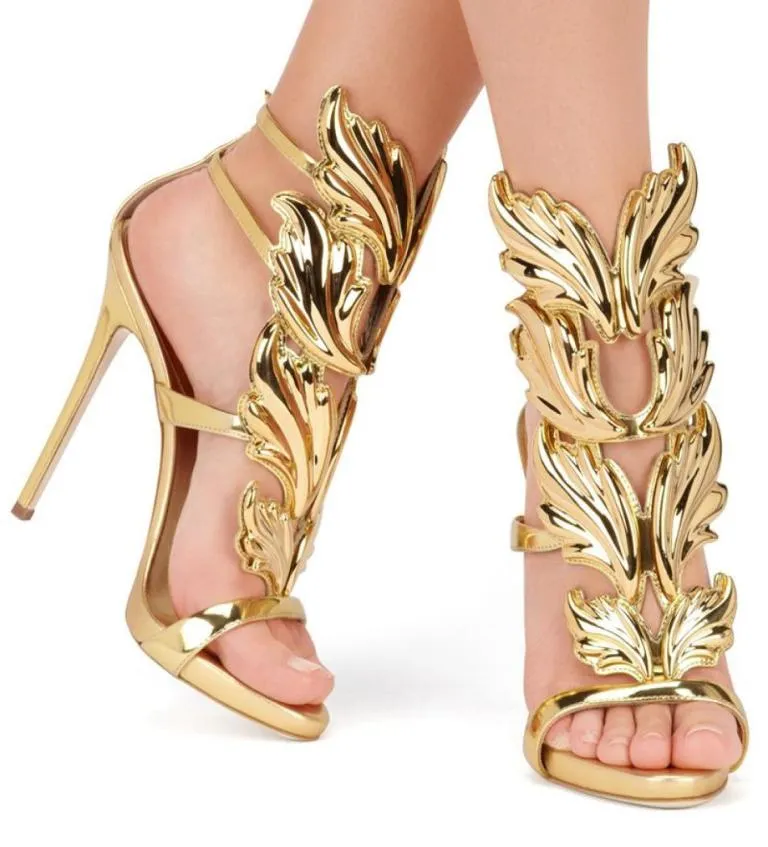 Golden Metal Wings Leaf Strapp - Sandal Strappy Heeled 评论和价格