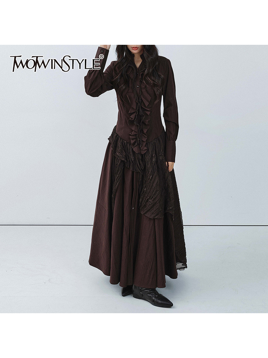 TWOTWINSTYLE Brown Spliced Fol - Linen Dress Wrap 评论和价格