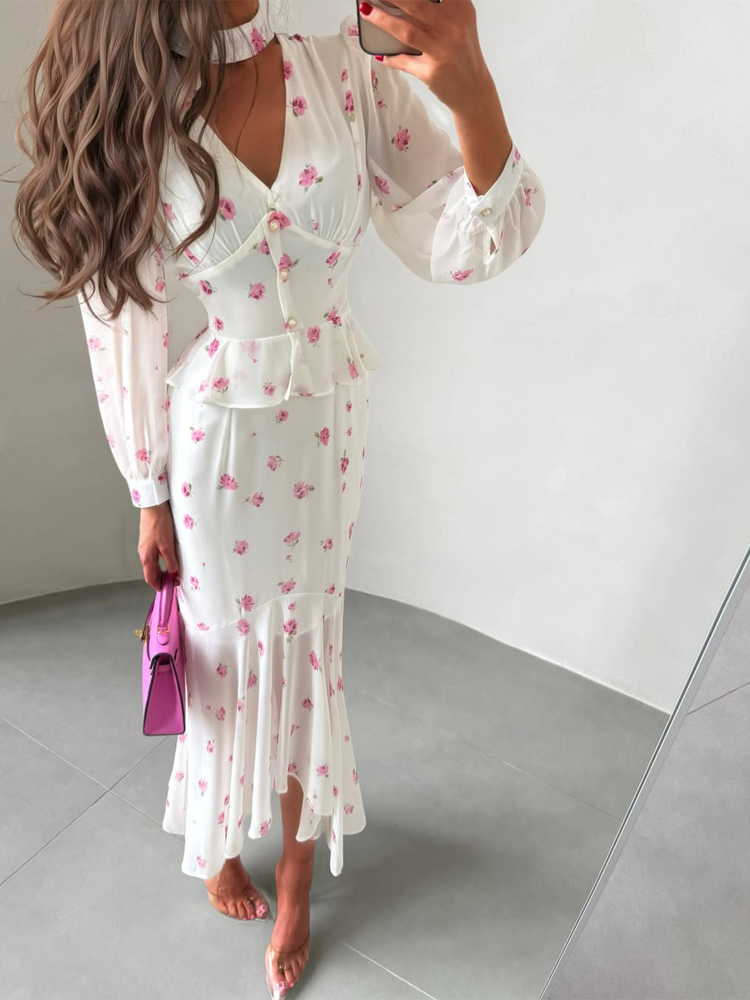 Women White Pink Floral Choker - Midi Skirt Floral 评论和价格