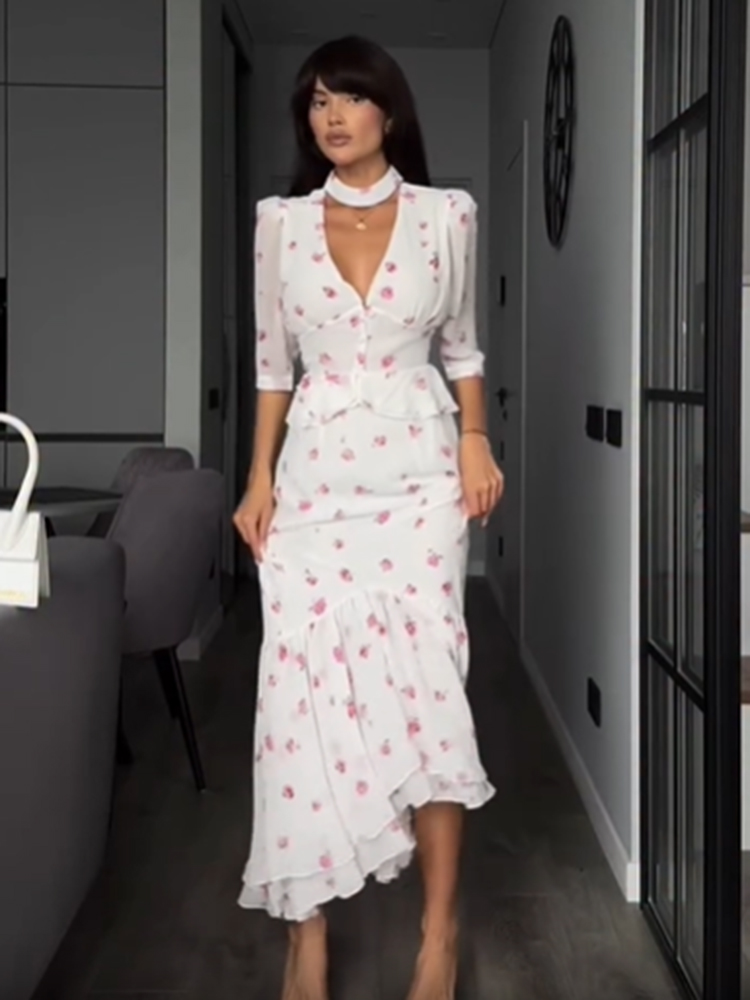 Women White Pink Floral Choker - Midi Skirt Floral 评论和价格