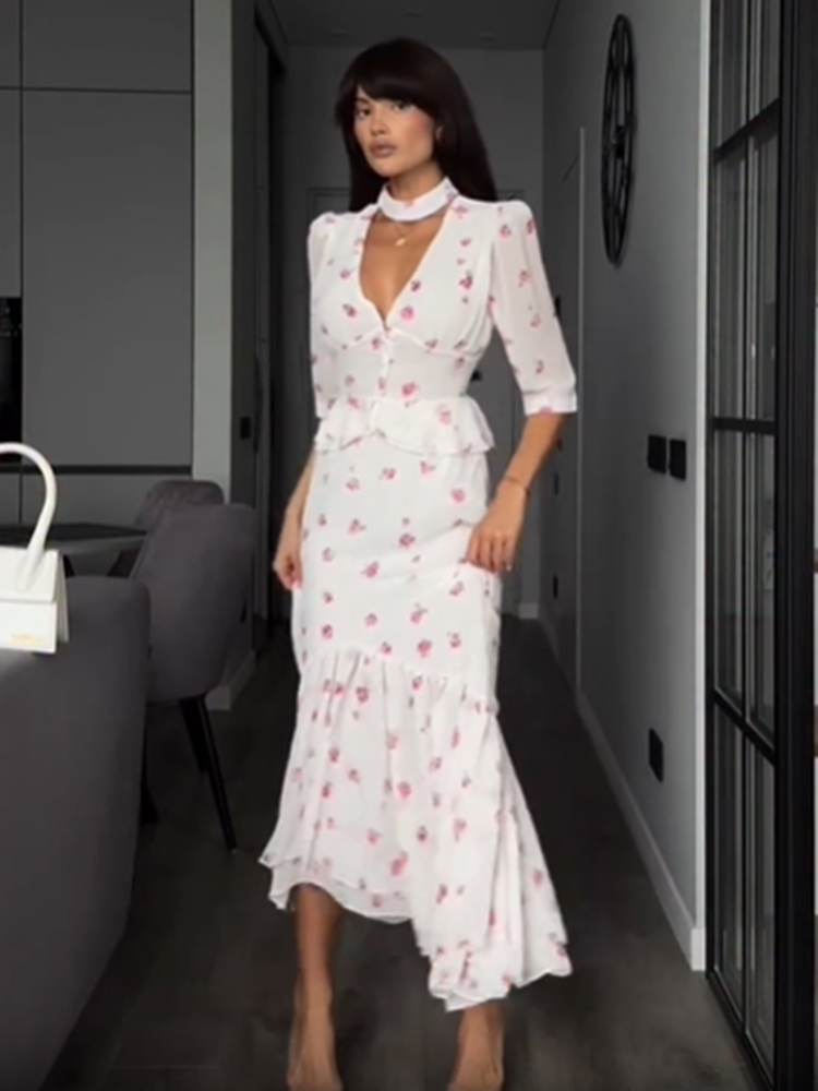 Women White Pink Floral Choker - Midi Skirt Floral 评论和价格