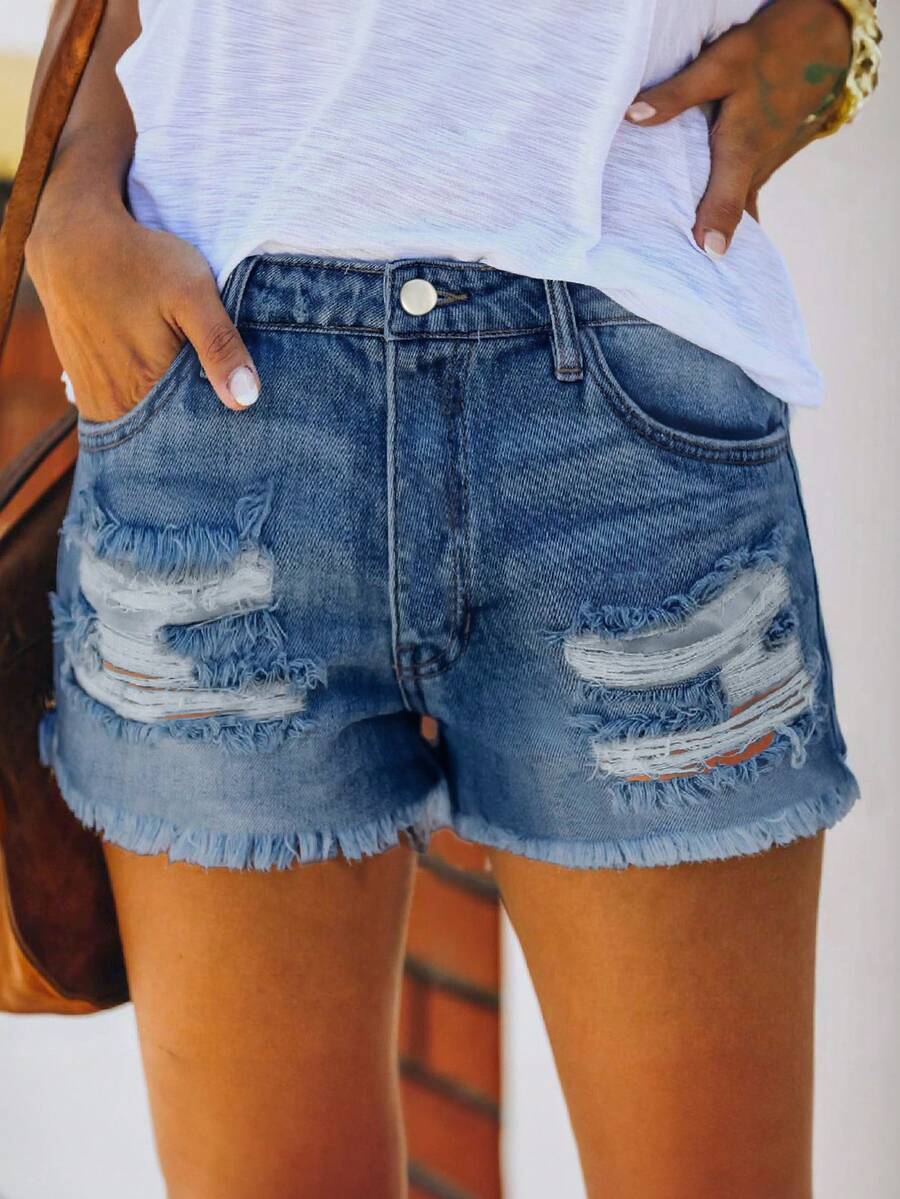 Mid Waist Washed Denim Shorts  - Shorts Denim Frayed 评论和价格