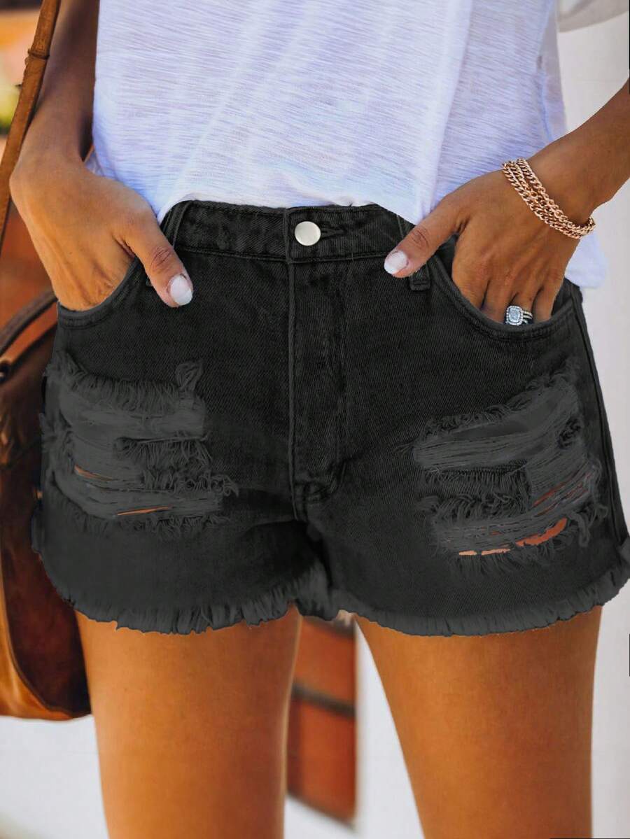 Mid Waist Washed Denim Shorts  - Shorts Denim Frayed 评论和价格
