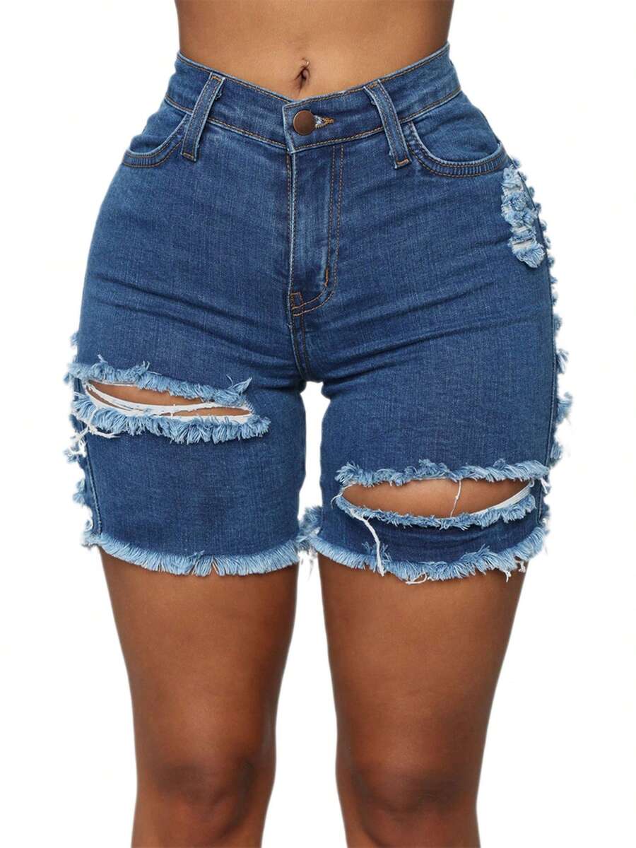 Women High Waist Ripped Denim  - Shorts Denim Frayed 评论和价格