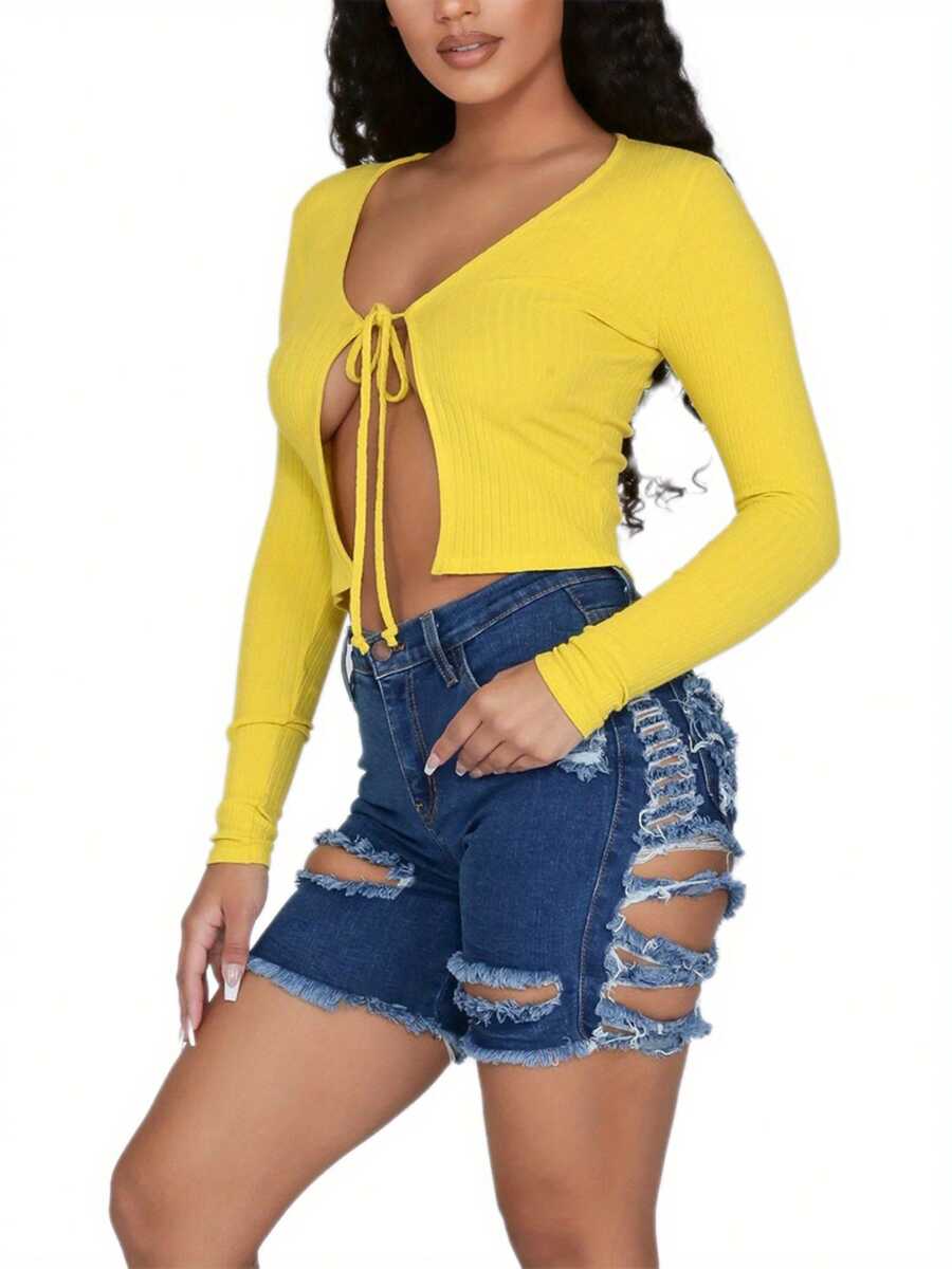 Women High Waist Ripped Denim  - Shorts Denim Frayed 评论和价格