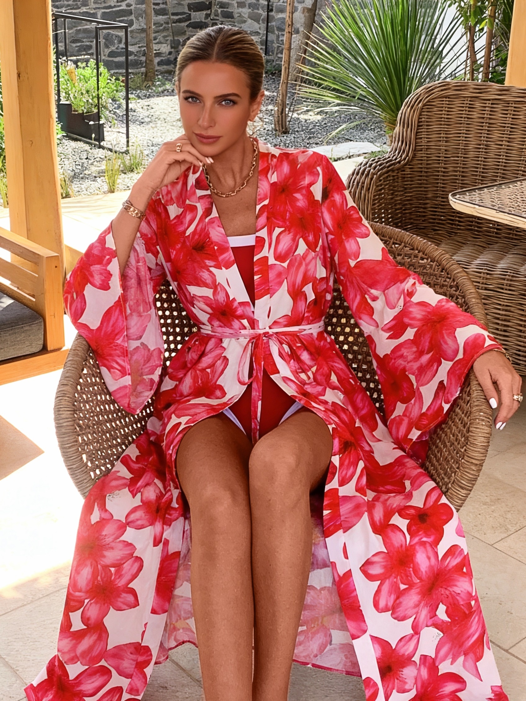 Women's Red Floral Kimono Robe - Kimono Sheer Floral 评论和价格