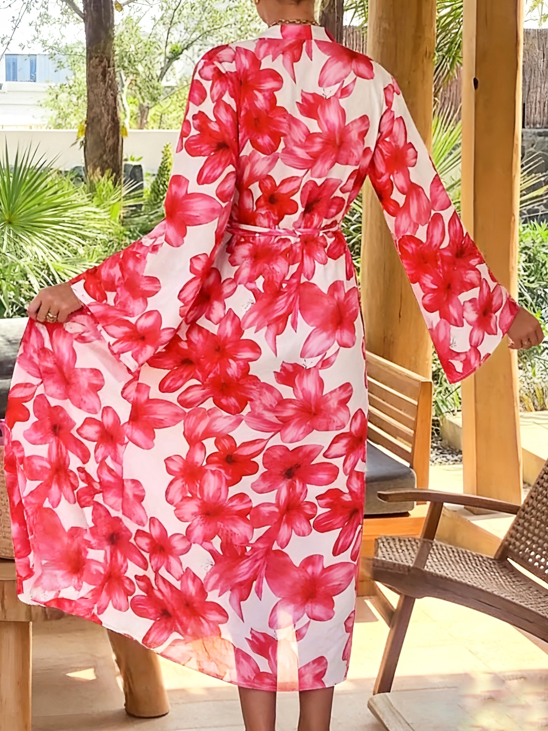 Women's Red Floral Kimono Robe - Kimono Sheer Floral 评论和价格