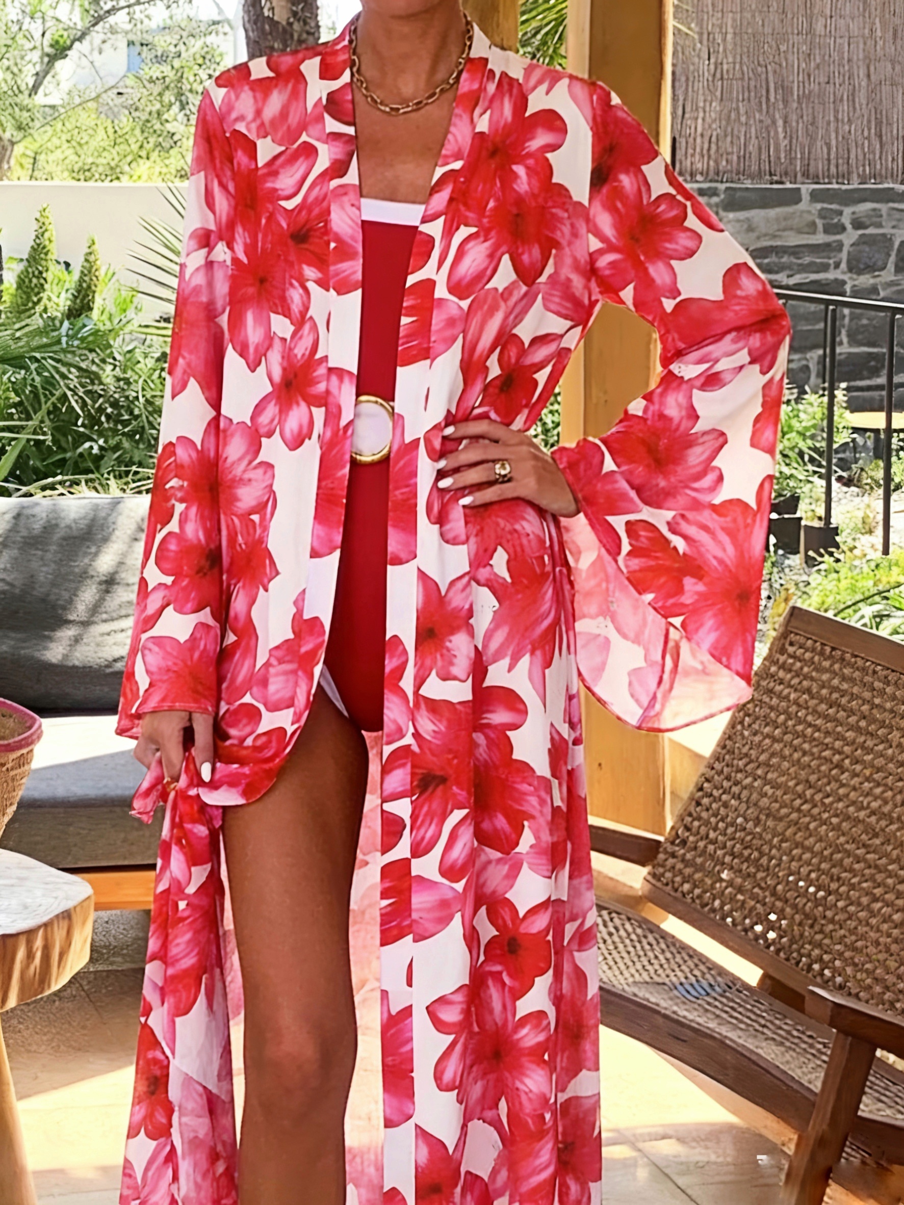 Women's Red Floral Kimono Robe - Kimono Sheer Floral 评论和价格