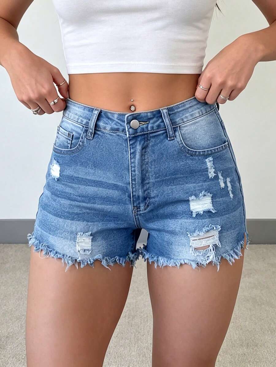 Womens Casual Distressed Denim - Shorts Denim Frayed 评论和价格
