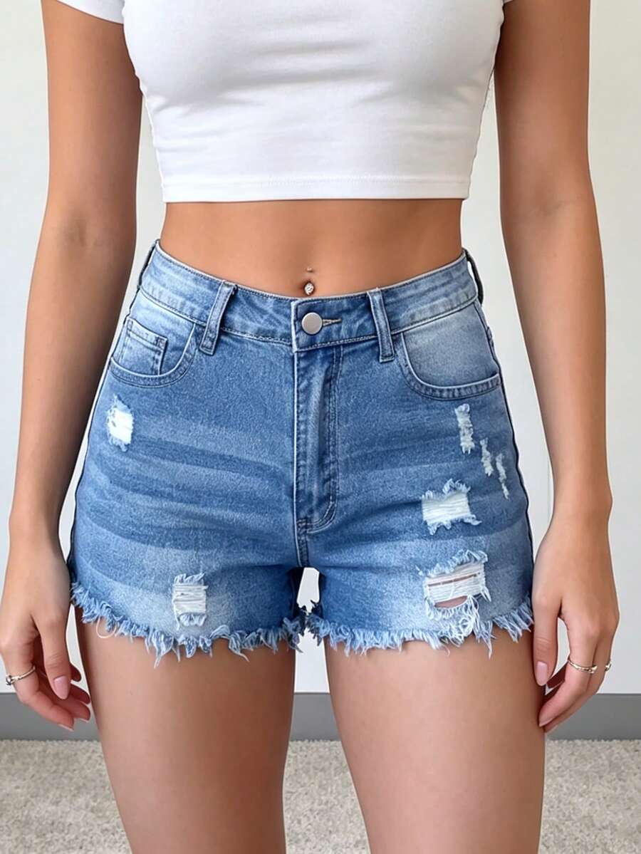 Womens Casual Distressed Denim - Shorts Denim Frayed 评论和价格