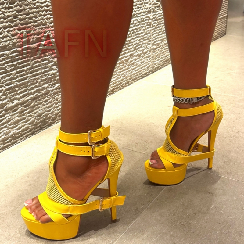 Mesh Buckle Strap Stiletto Pla - Sandal Strappy Heeled 评论和价格