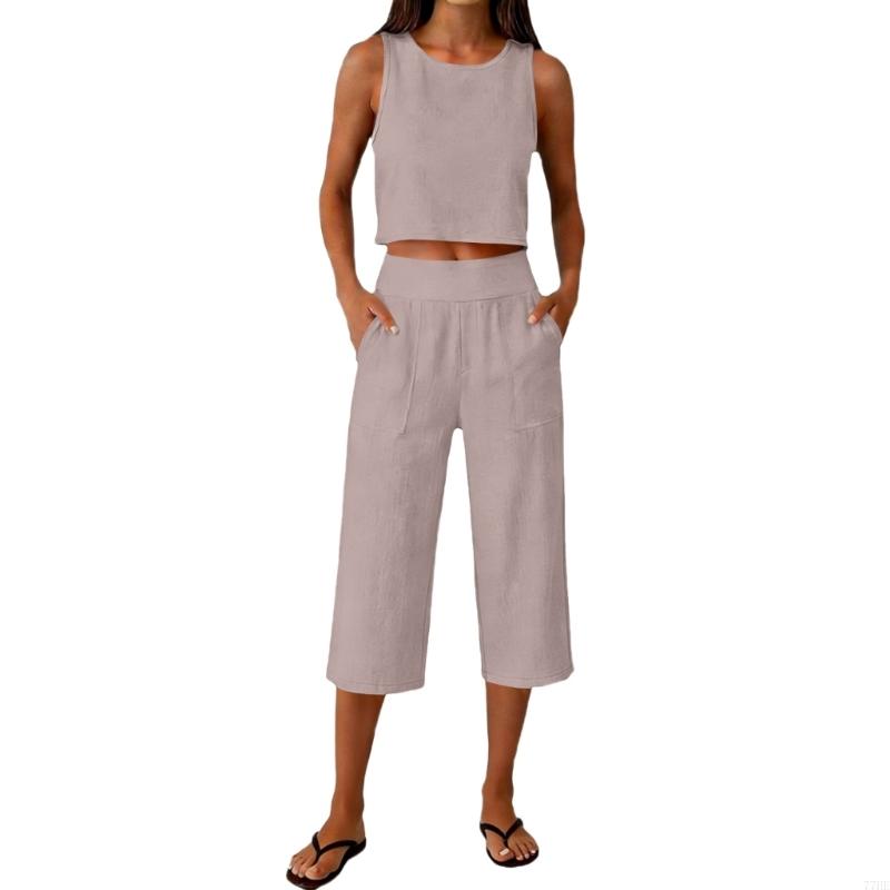 77HE Women's 2 Piece Outfits S - Linen Pant Wide 评论和价格