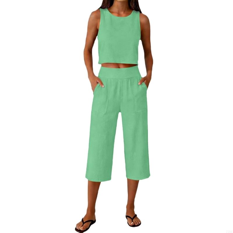 77HE Women's 2 Piece Outfits S - Linen Pant Wide 评论和价格