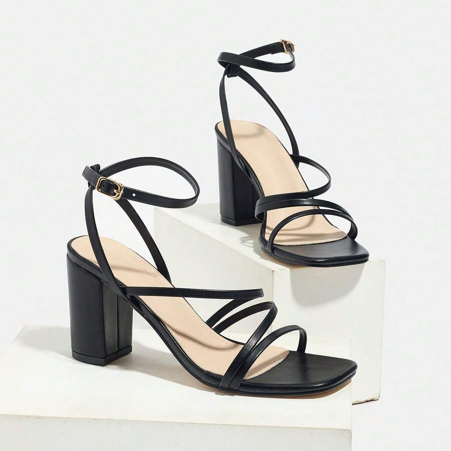 Black Strappy Square Toe Block - Sandal Strappy Heeled 评论和价格