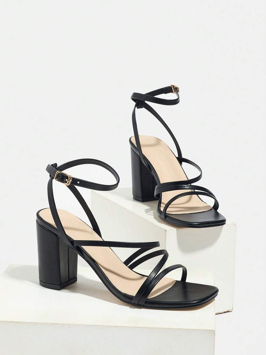Black Strappy Square Toe Block - Sandal Strappy Heeled 评论和价格