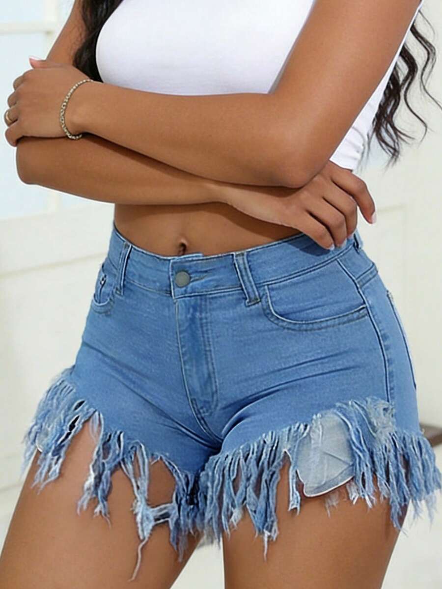 Distressed Frayed Hem Denim Sh - Shorts Denim Frayed 评论和价格