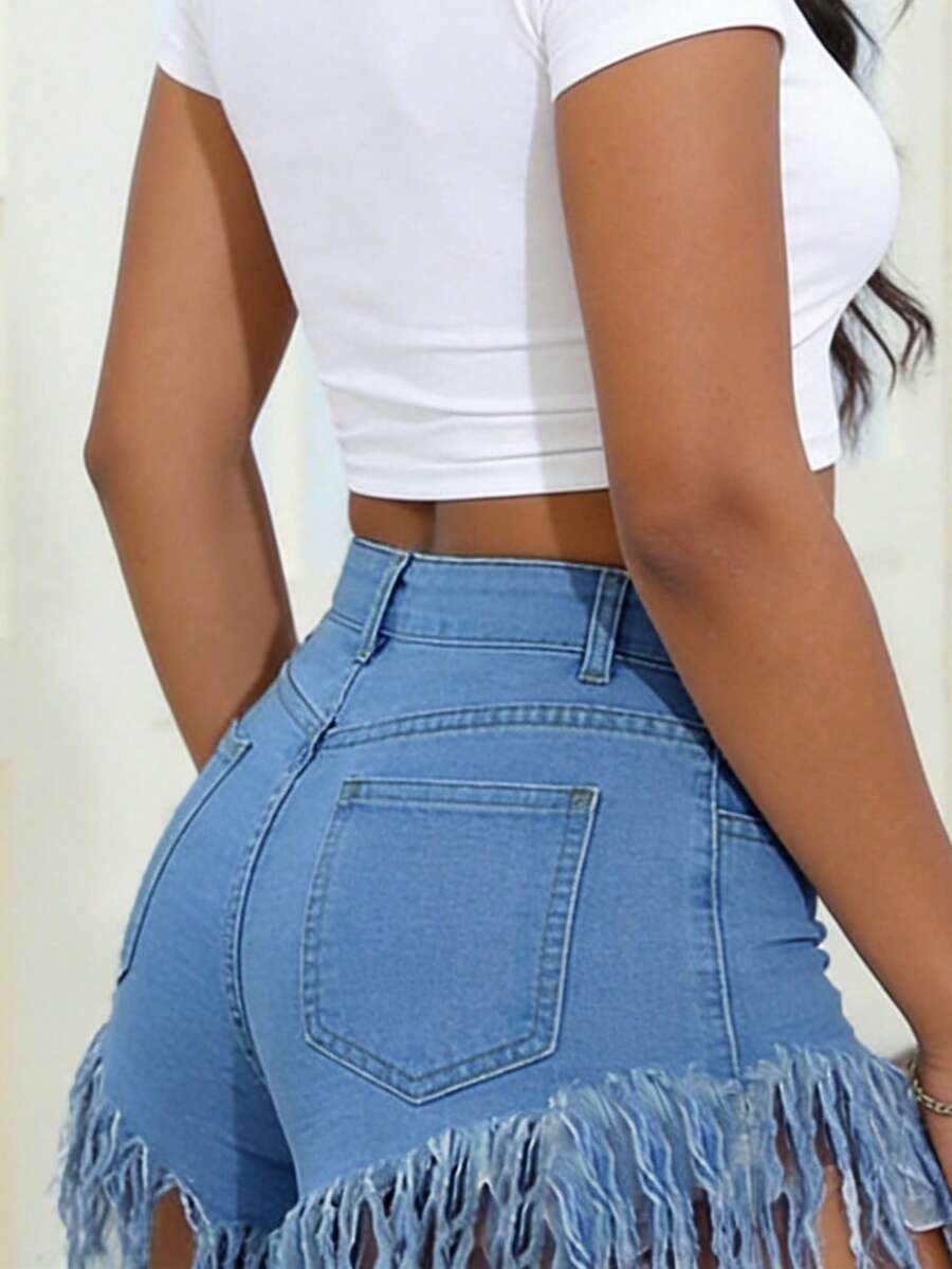Distressed Frayed Hem Denim Sh - Shorts Denim Frayed 评论和价格