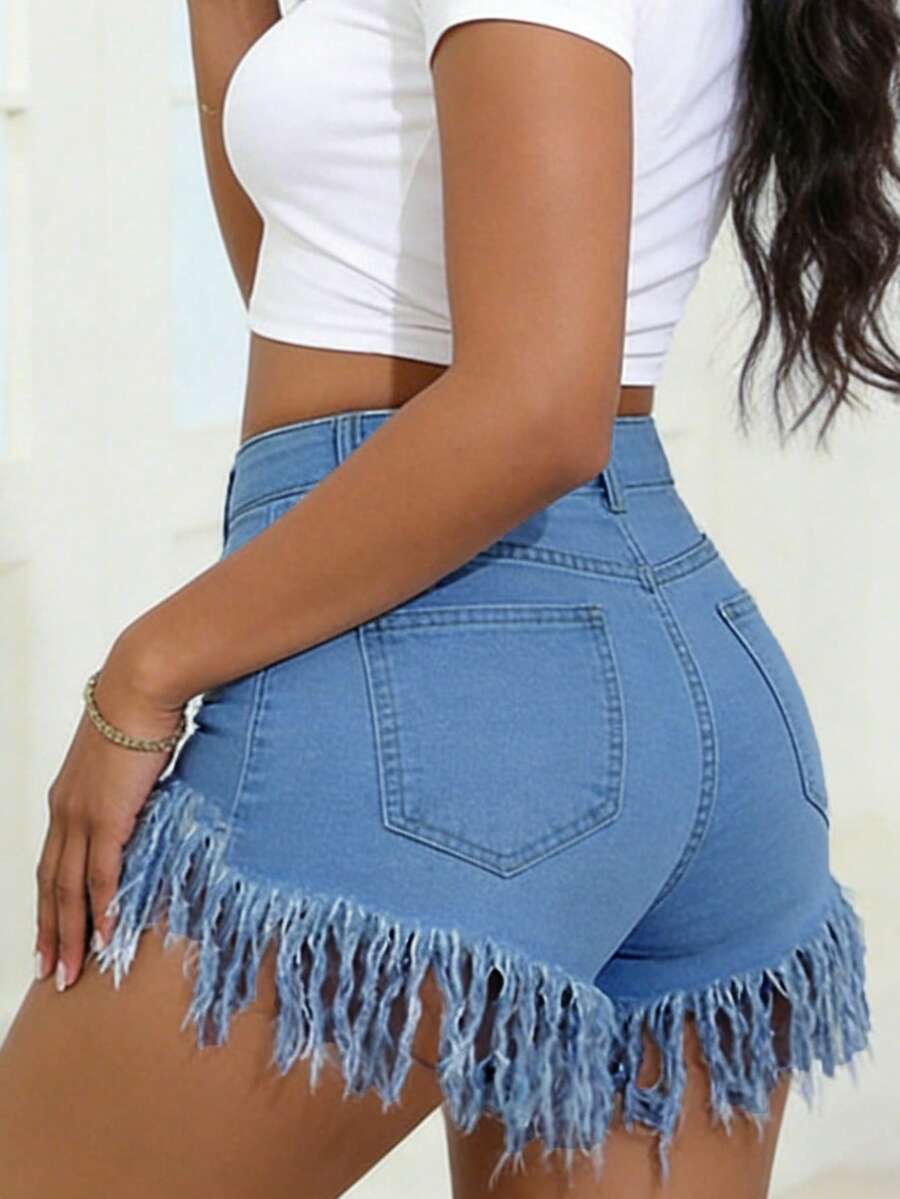 Distressed Frayed Hem Denim Sh - Shorts Denim Frayed 评论和价格