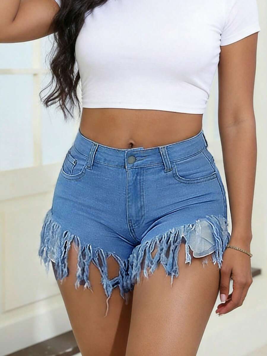 Distressed Frayed Hem Denim Sh - Shorts Denim Frayed 评论和价格