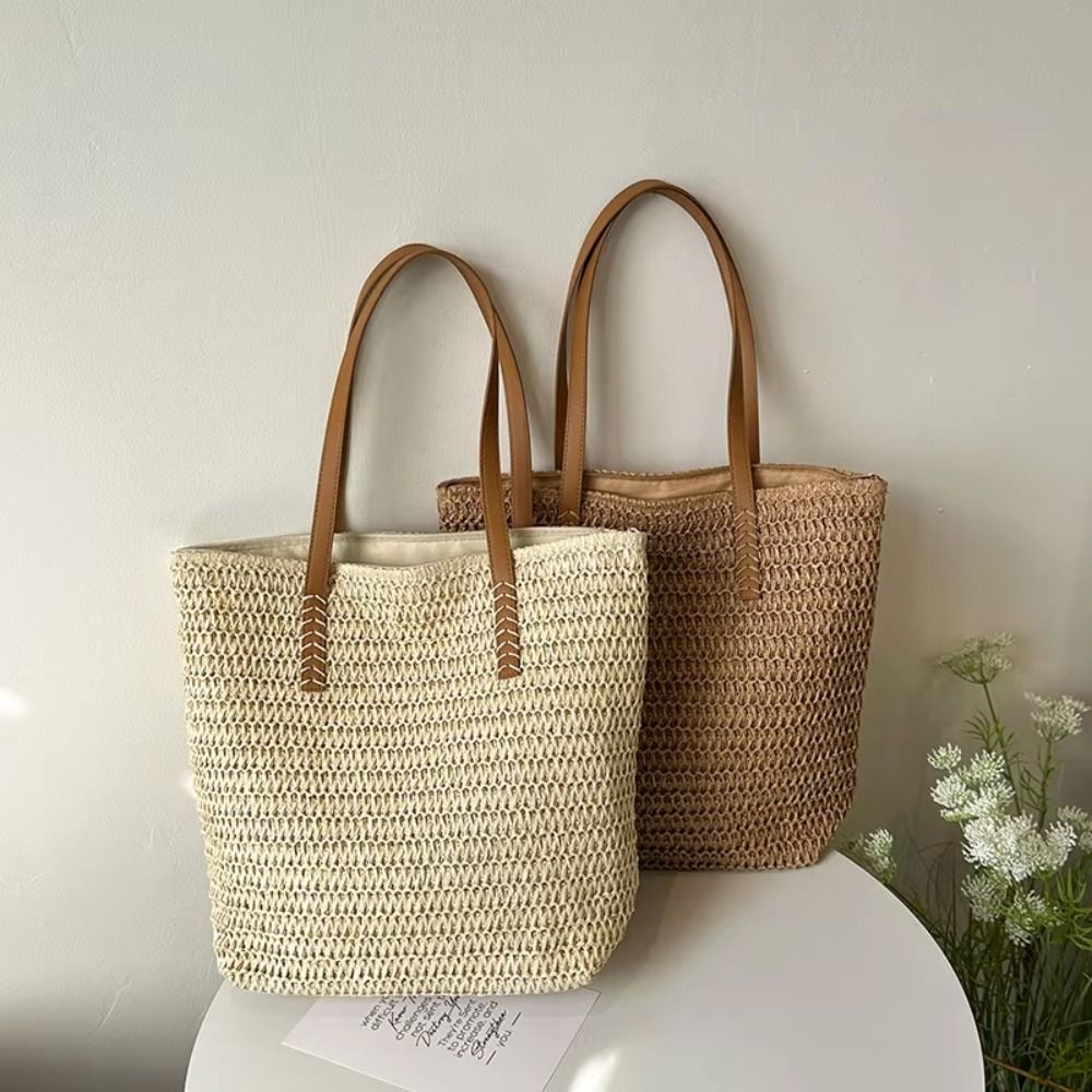 Simple Solid Color Weave Straw - Tote Bag Beach 评论和价格